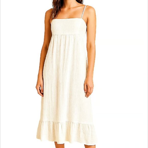 Divided White Peasant Dress Flowy Midi Spaghetti Strap Empire Waist XS BOHO - Picture 1 of 10